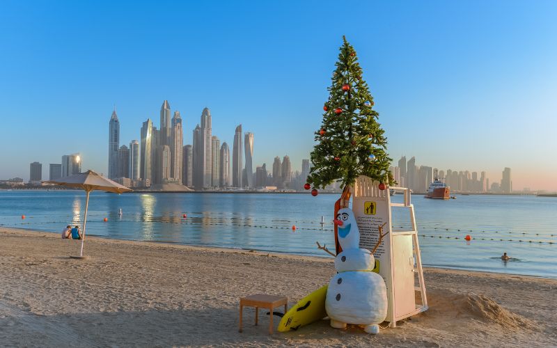 Christmas tree and snowman on Dubai Marina