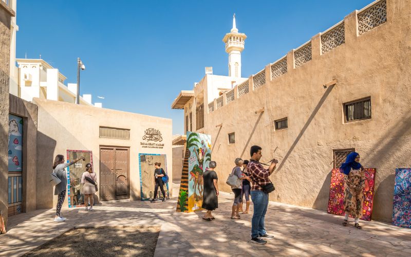 Dubai in December - Traditional Arabic street in historical Al Fahidi district, Al Bastakiya. Dubai, United Arab Emirates