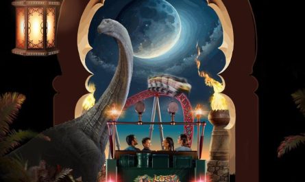 Families enjoying the Arabian Nights special at IMG Worlds, riding thrilling attractions with dinosaurs in a magical, adventure-filled setting.